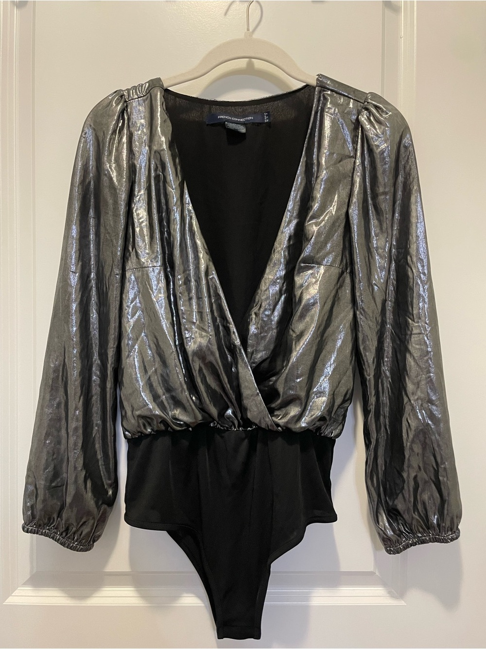 French Connection metallic silver plunge bodysuit size 6